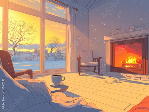 Cozy winter evening by the fireplace with a warm beverage. photo