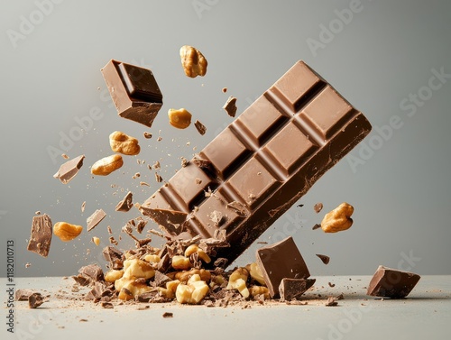 Chocolate bar exploding with nuts and pieces, creating a mess. photo