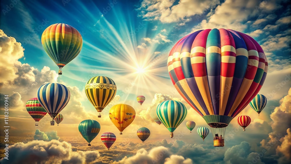 Fototapeta premium Retro Hot Air Balloons Soaring in a Vibrant Blue Sky - Vintage Landscape Photography