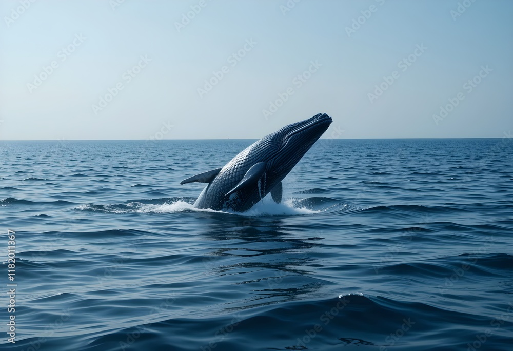 Fototapeta premium Calm ocean with a whale jumping out of the water
