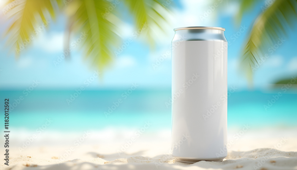 Blank Can Mockup on Tropical Beach - Summer themes Blank Can Mockup on Tropical Beach - Summer themes