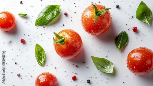 Glossy cherry tomatoes glisten with droplets, sliced open to reveal their juicy interior. Fresh basil leaves and seasonings surround them, creating a vibrant culinary display