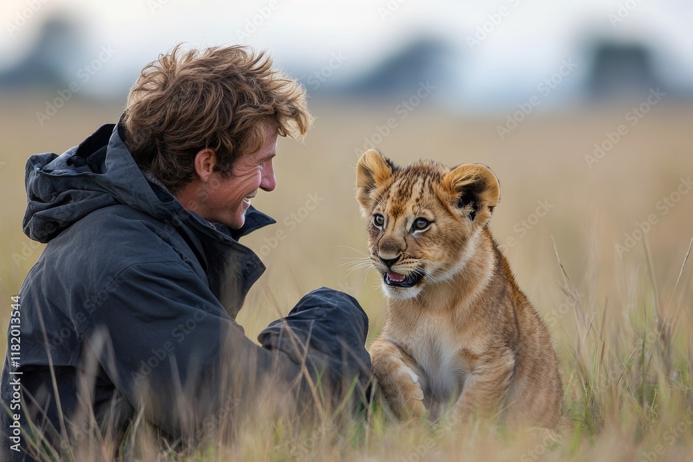 Obraz premium A joyful interaction between a man and a lion cub in a serene, open grassland setting, showcasing friendship and nature.