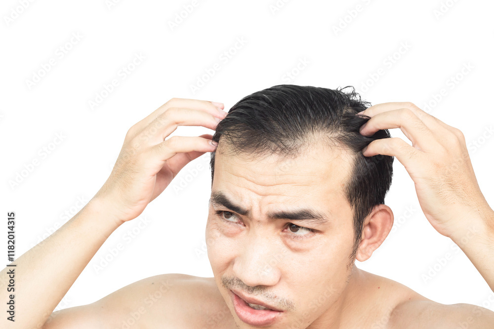Fototapeta premium Young man serious hair loss problem for health care medical and shampoo product concept