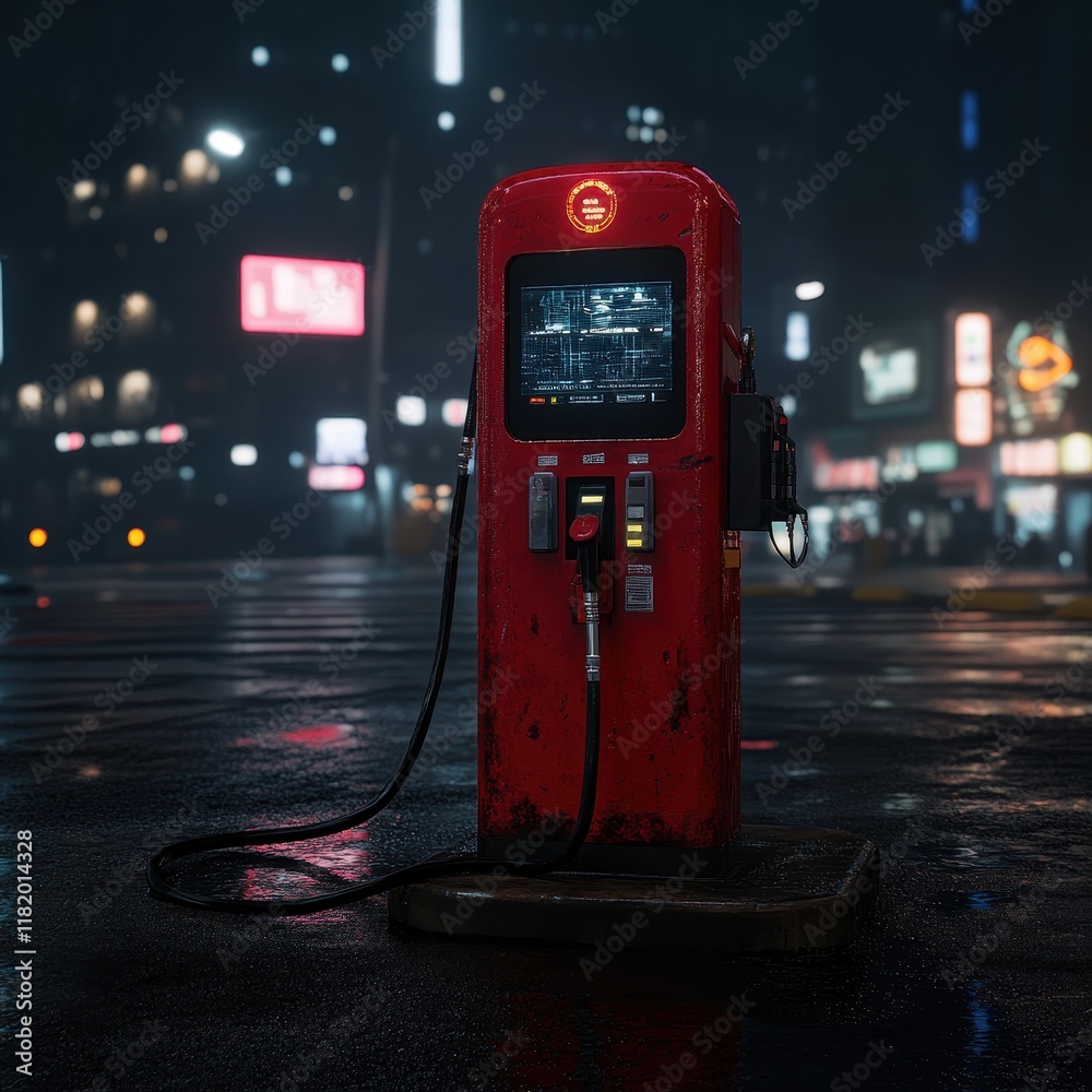 Obraz premium Vintage Gas Pump in Urban Night Scene with Lights