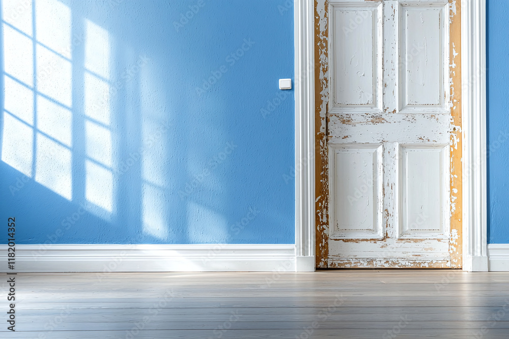 Fototapeta premium bright room with faded blue wall, featuring vintage white door and wooden floor. sunlight casts shadows, creating serene atmosphere