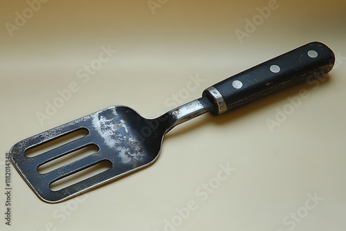 A well worn vintage metal spatula with wooden handle photo