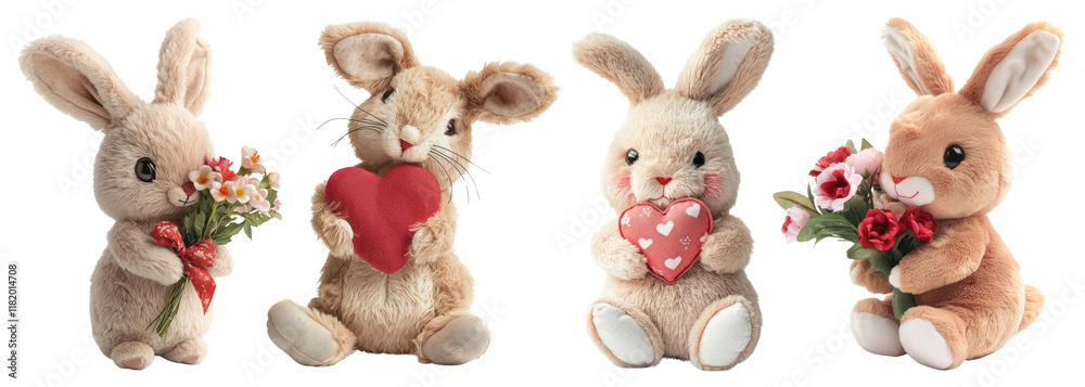 Naklejka premium PNG Adorable plush bunnies with hearts set, isolated on transparent background