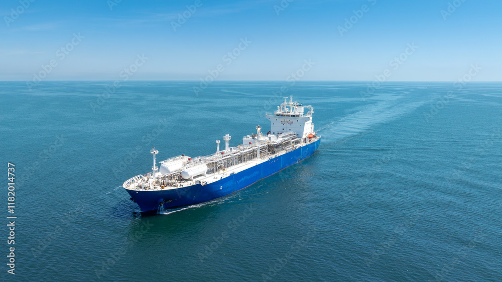 Aerial view of LPG gas ship. Gas carrier, gas tanker sailing in ocean Aerial view of LPG gas ship. Gas carrier, gas tanker sailing in ocean