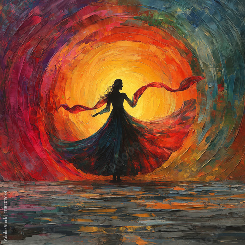 The beauty of dance. Ethereal spiritual dancing silhouette with flowing fabric against a vibrant background