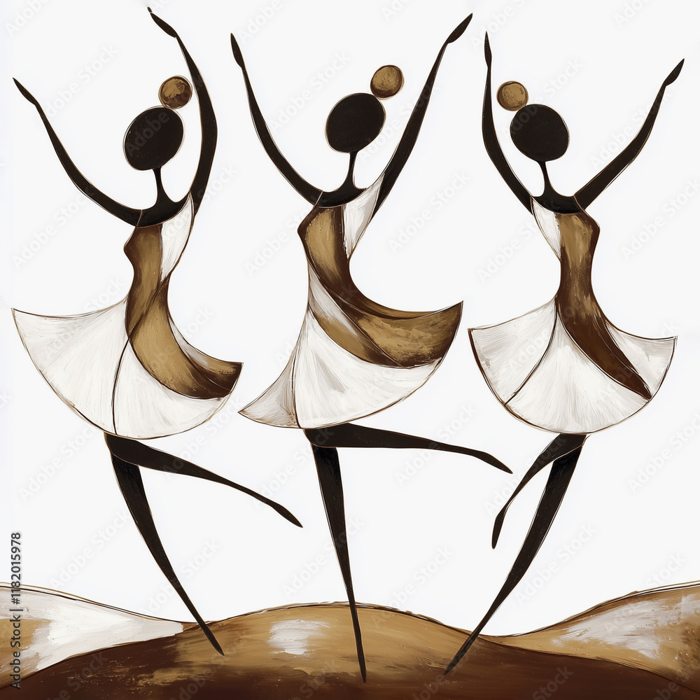 The beauty of dance. Three abstract stick figure ballerinas dancing joyfully on a colorful minimalistic background The beauty of dance. Three abstract stick figure ballerinas dancing joyfully on a colorful minimalistic background
