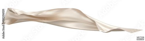 Flying beige silk textile fabric flag background. Smooth elegant beige Satin Isolated on white Background for grand opening ceremony. Flying cream silk vertical image. 3d vector illustration