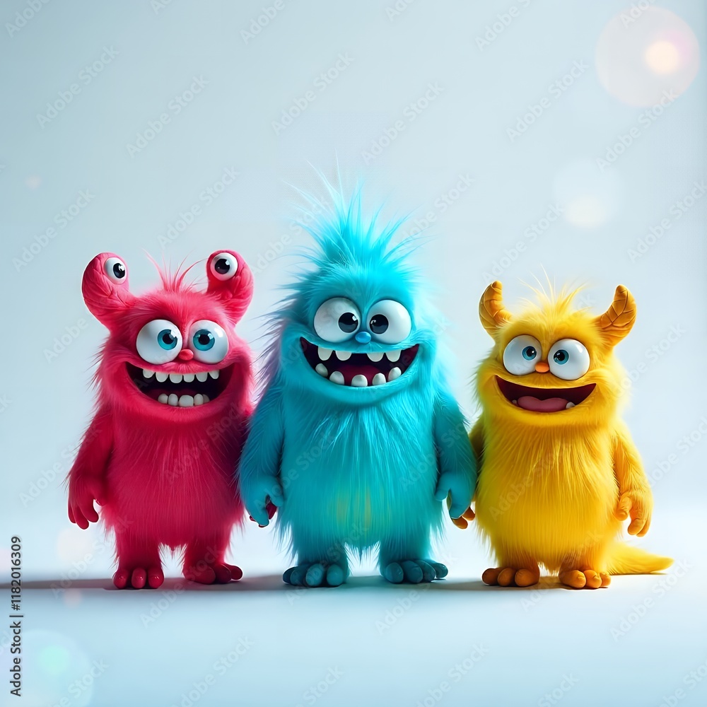 Fototapeta premium Cute Cartoon Monsters Happy Furry Friends 3D Render Fun Playful Childish