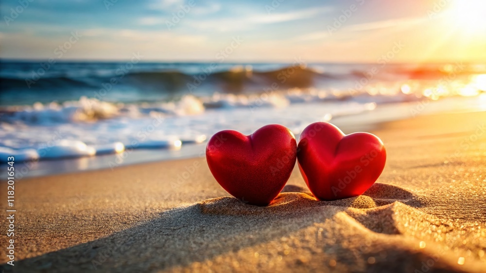 Fototapeta premium Romantic Beach Hearts: Two Red Hearts in Sandy Beach Setting