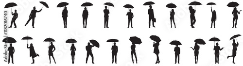 silhouettes of people, man and woman under umbrella. Collection of people under umbrella 
