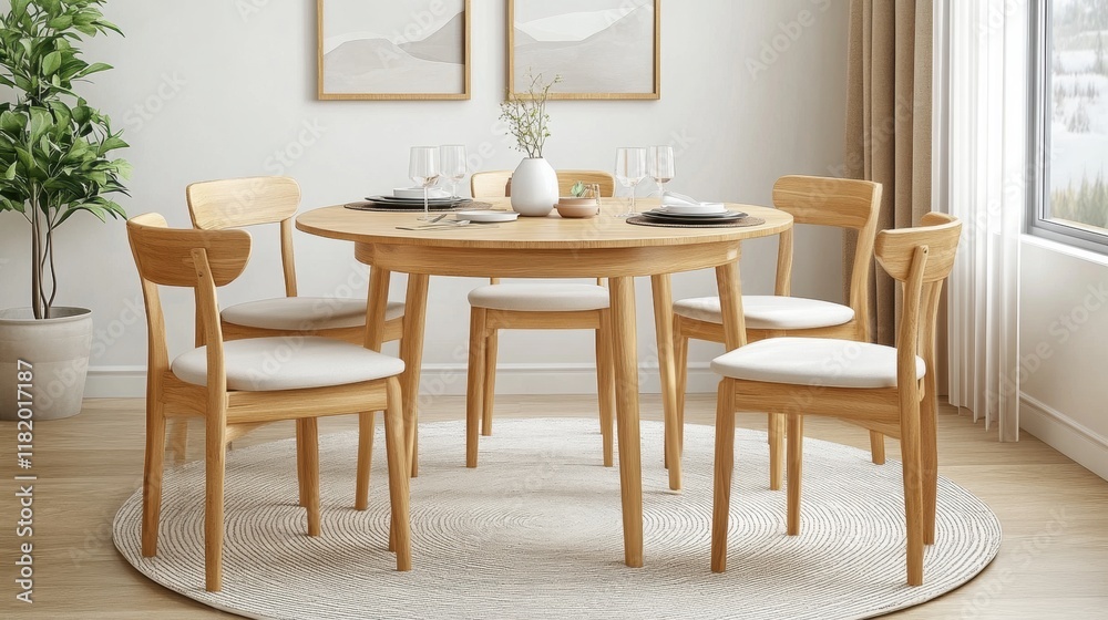Modern Minimalist Dining Room with Round Wooden Table and Chairs Modern Minimalist Dining Room with Round Wooden Table and Chairs