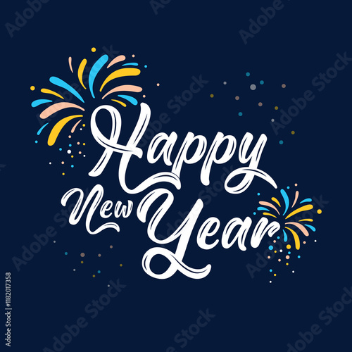 Vector image template for Happy New Year calligraphy text with fireworks ornaments and blue background

