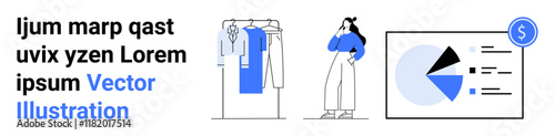 Free Download Businesswoman contemplates clothing options and analyzes marketing data represented by a pie chart. Ideal for retail marketing, sales strategies, business analysis, decision-making, ecommerce advice - GFXLoad