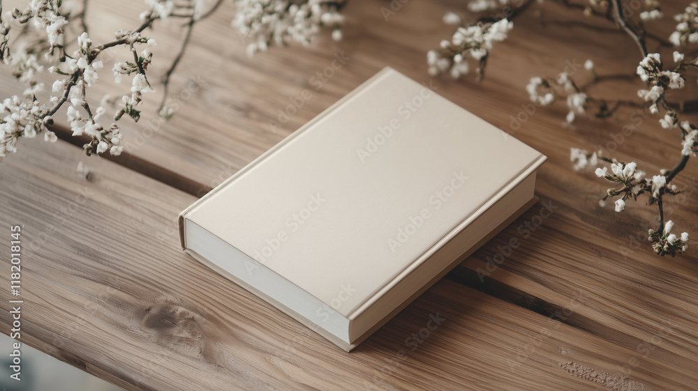 Fototapeta premium A closed blank notebook mockup on a light gray surface, with a cup of coffee on the side and faint natural lighting, ideal for creative workspaces