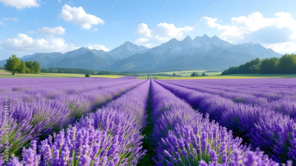 Obraz premium Lavender field in spring with mountains in the background and a clear blue sky - 02