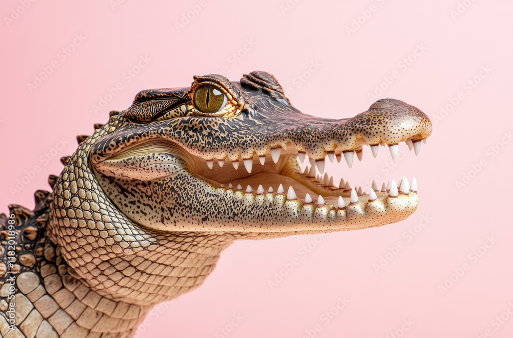 A stunning close-up showcases the head of a crocodile with sharp teeth and vibrant eyes. The soft pink backdrop contrasts the crocodile's rugged skin, emphasizing its fierce expression. A stunning close-up showcases the head of a crocodile with sharp teeth and vibrant eyes. The soft pink backdrop contrasts the crocodile's rugged skin, emphasizing its fierce expression.