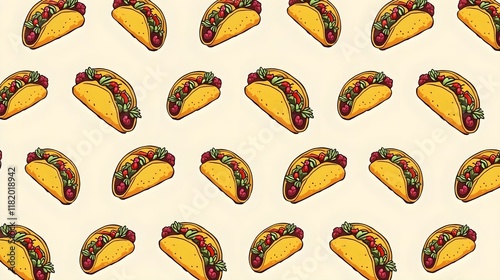 Hand-drawn colored taco seamless pattern. Fast food vintage illustration. Element for the design of labels, packaging and postcards photo