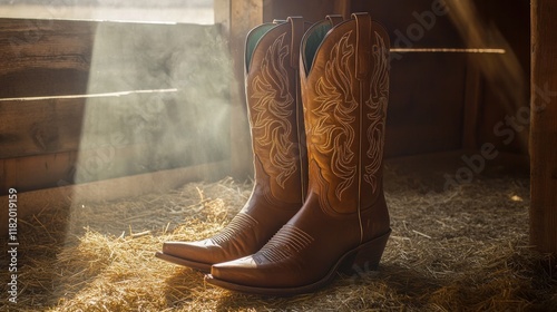 Authentic Cowboy Boots in Rustic Barn Setting photo