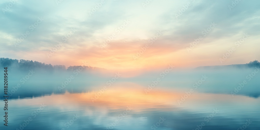 A peaceful sunrise illuminates the sky while mist gently ascends above the calm surface of the serene lake, creating a tranquil and soothing atmosphere.