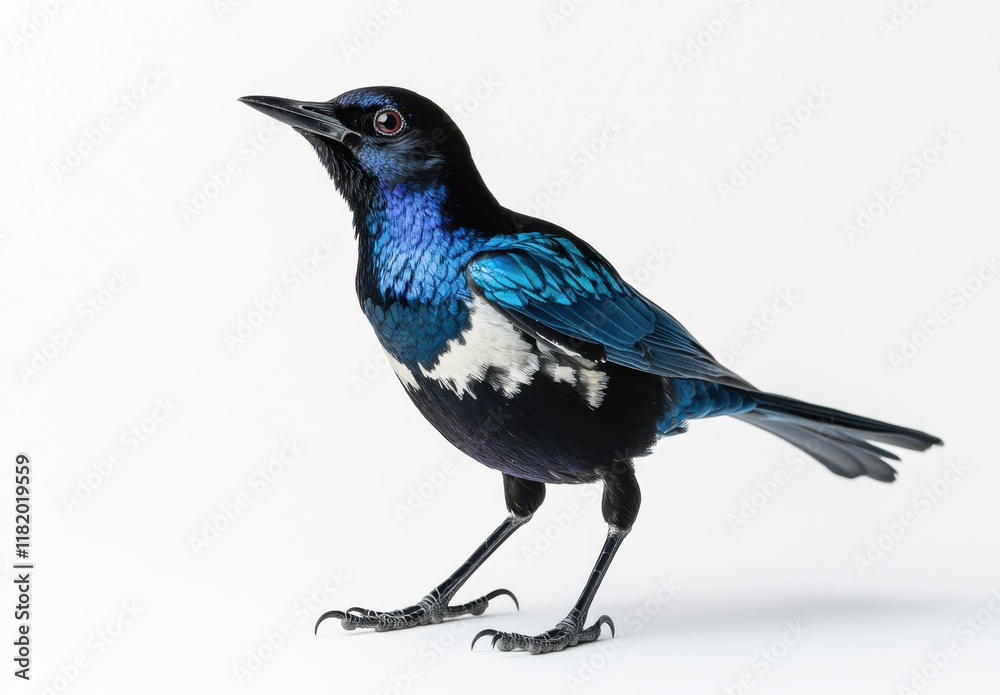 A beautifully colored bird displaying bright blue and black feathers stands poised on a plain white surface. Its eye-catching appearance captures attention effortlessly. A beautifully colored bird displaying bright blue and black feathers stands poised on a plain white surface. Its eye-catching appearance captures attention effortlessly.