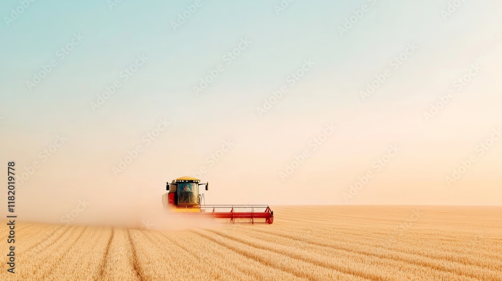 Fototapeta premium A large combine harvester in action, cutting golden wheat fields in the French countryside, with bales of hay scattered in the distance
