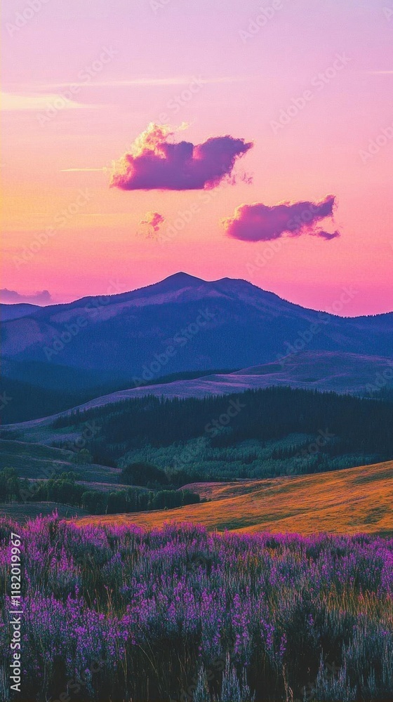 A serene landscape at sunset with mountains and purple flowers. A serene landscape at sunset with mountains and purple flowers.