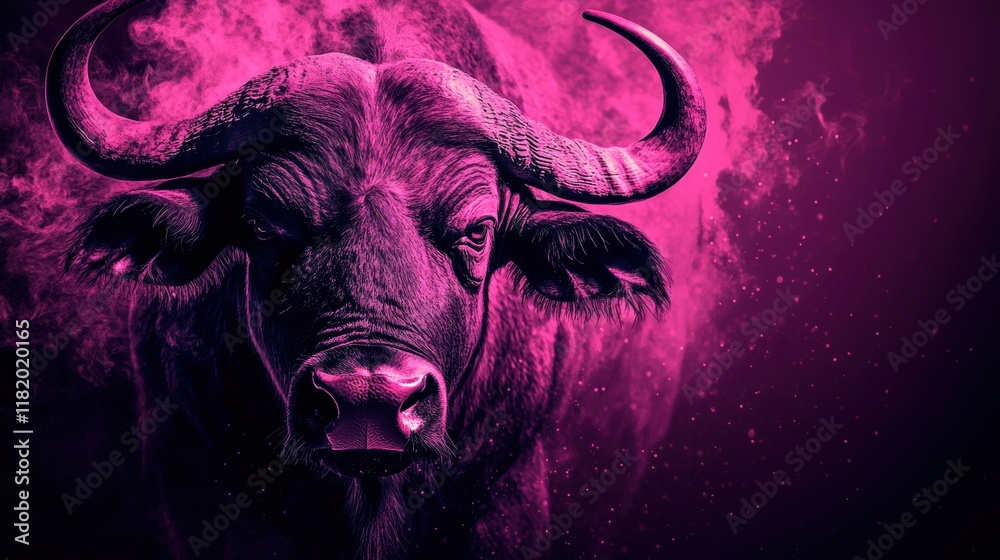 Majestic Buffalo with Bold Pink Smoke Background for Dramatic Effect Majestic Buffalo with Bold Pink Smoke Background for Dramatic Effect