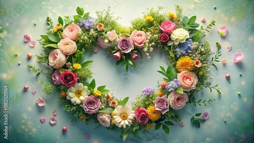 Romantic Flower Wreath Heart Shape, Wedding Decoration, Floral Arrangement, Spring Bouquet, Botanical Art