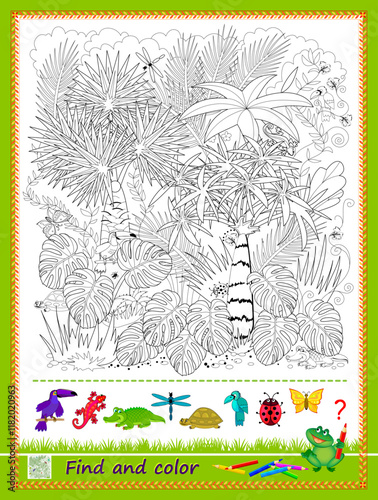 Can you find and color the jungle creatures hidden in picture? Game Seek and Find. Coloring book. Logic puzzle. Educational page for children. Worksheet for kids. Task for attentiveness. Vector image.