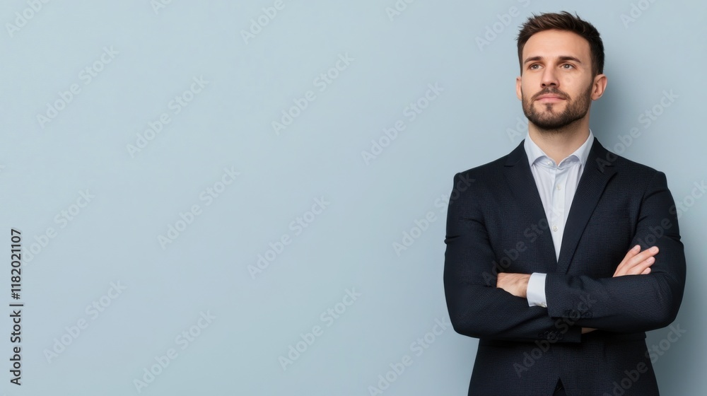 Confident businessman in formal attire posing against a fresh blue background with arms crossed thoughtfully Confident businessman in formal attire posing against a fresh blue background with arms crossed thoughtfully