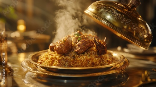 Aromatic Chicken Biryani Dish - Steaming hot biryani, golden platter, rich flavors, exotic spices, culinary delight. photo