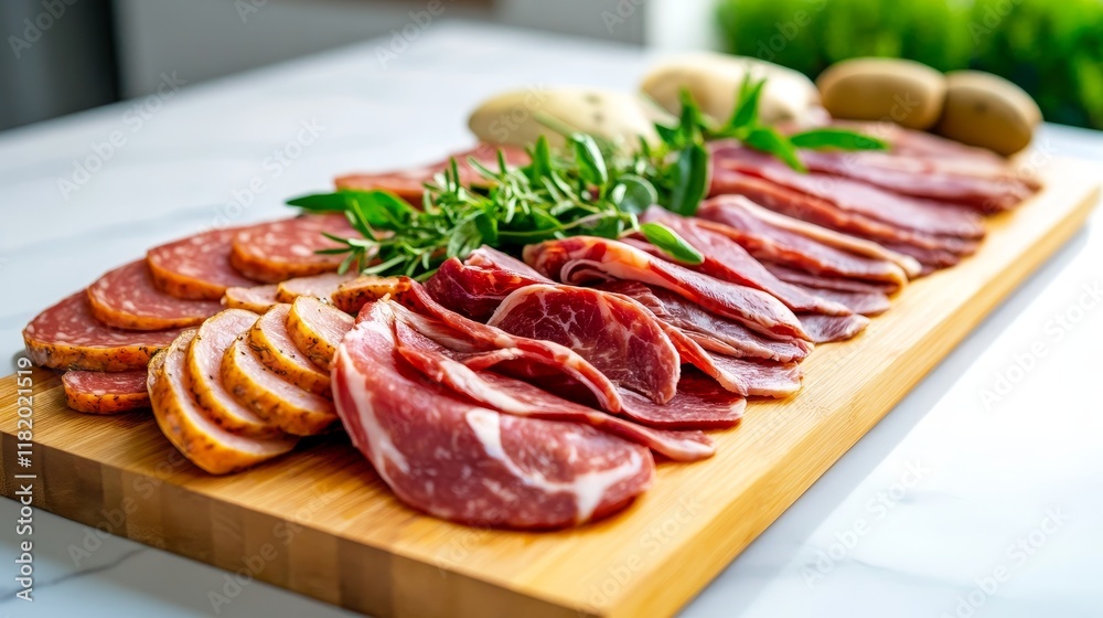 Assorted Meats and Herb Platter - A delectable arrangement of fresh-cut meats, herbs, and savory spices. Artisan cured, rich flavors, gourmet selection, perfect appetizer. Assorted Meats and Herb Platter - A delectable arrangement of fresh-cut meats, herbs, and savory spices. Artisan cured, rich flavors, gourmet selection, perfect appetizer.