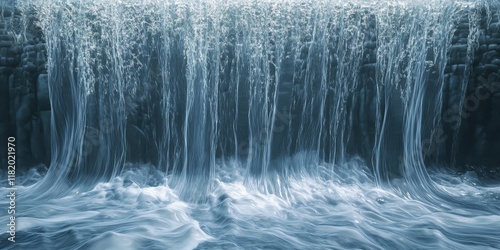 Water cascades over a wall, generating intricate wave patterns in its descent. The mesmerizing movement of water creates beautiful wave patterns that captivate the viewer s attention.