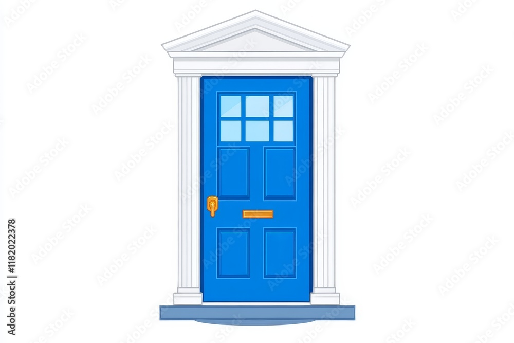 Blue Front Door with White Columns - Home entrance, classic design, blue door, white trim, welcoming feel. Symbolizes home, security, entry, new beginnings, opportunity. Blue Front Door with White Columns - Home entrance, classic design, blue door, white trim, welcoming feel. Symbolizes home, security, entry, new beginnings, opportunity.