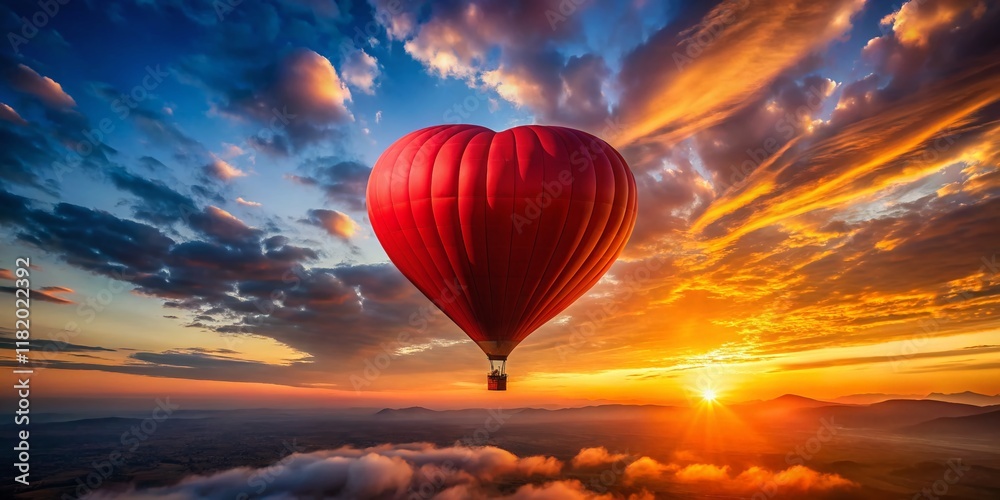 Fototapeta premium Romantic Heart-Shaped Hot Air Balloon Soaring at Sunrise - Stunning Aerial View