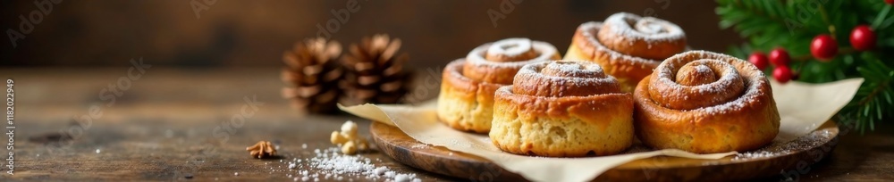 Warm cinnamon rolls on wooden table, soft lighting, festive pinecones and Christmas tree on parchment paper, pinecones, cinnamon rolls baking, christmas decorations Warm cinnamon rolls on wooden table, soft lighting, festive pinecones and Christmas tree on parchment paper, pinecones, cinnamon rolls baking, christmas decorations