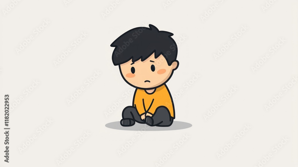 Sad cartoon boy sitting on the floor in an empty room illustration Sad cartoon boy sitting on the floor in an empty room illustration