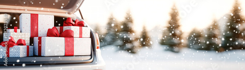 Holiday gifts in a car trunk winter wonderland festive scene cheerful mood photo
