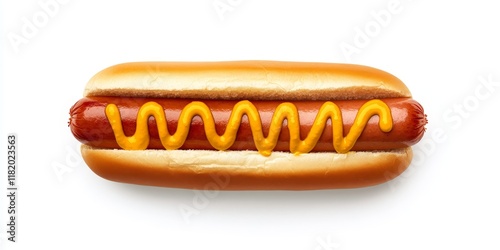 Delicious hotdog topped with mustard, beautifully isolated against a crisp white background, showcasing the appeal of the classic hotdog garnished with flavorful mustard.