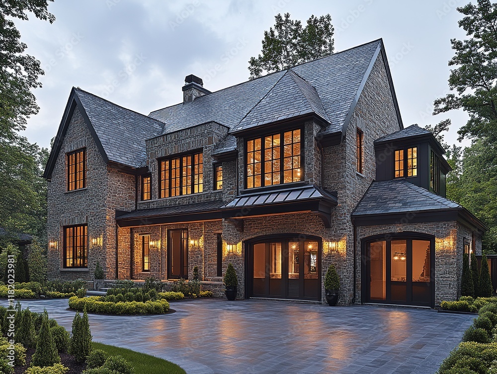 A modern stone house with large windows, beautifully illuminated at dusk, surrounded by landscaped greenery. A modern stone house with large windows, beautifully illuminated at dusk, surrounded by landscaped greenery.