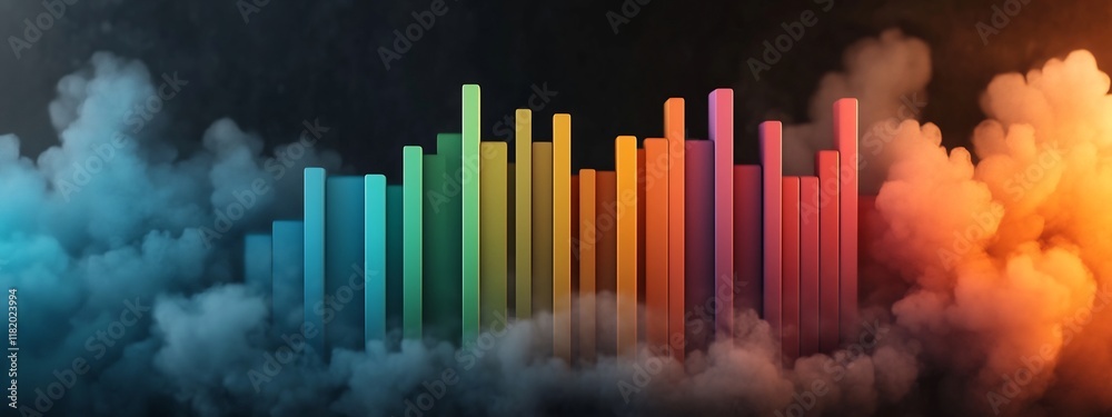 Fototapeta premium Vibrant 3D rendered gradient color graphic visualizing the frequency spectrum from low to high frequencies Abstract data analysis infographic with dynamic waves and geometric shapes