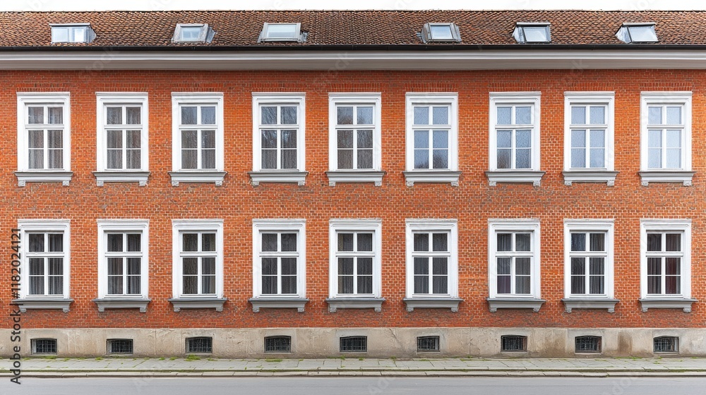 Obraz premium Red Brick Wall with Multiple Windows in Urban Environment