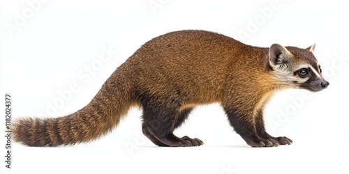 Coati Nasua narica displayed against a white background, showcasing the unique features of the Coati, a fascinating animal known for its distinctive appearance and behavior. Perfect for wildlife photo