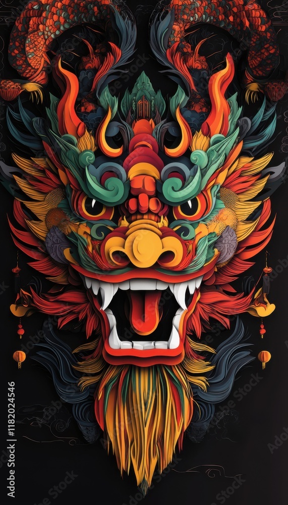 A colorful dragon head with an open mouth, symmetrical composition, dark background, traditional paper-cut art style, detailed carving and shadowing techniques, vibrant colors, and intricate details. A colorful dragon head with an open mouth, symmetrical composition, dark background, traditional paper-cut art style, detailed carving and shadowing techniques, vibrant colors, and intricate details.
