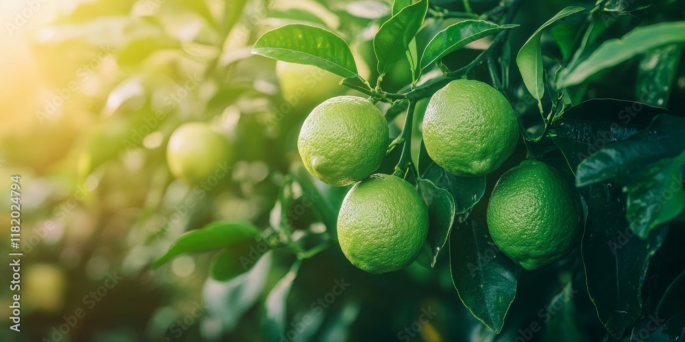 Green lemons growing on a vibrant tree in a lush garden showcase the beauty of nature. The green lemons highlight the freshness and vitality of garden life.